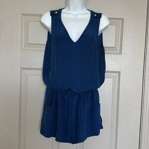 Amanda Uprichard Women’s Navy 100% Silk Sleeveless Tie Waist V-Neck Romper Sz S